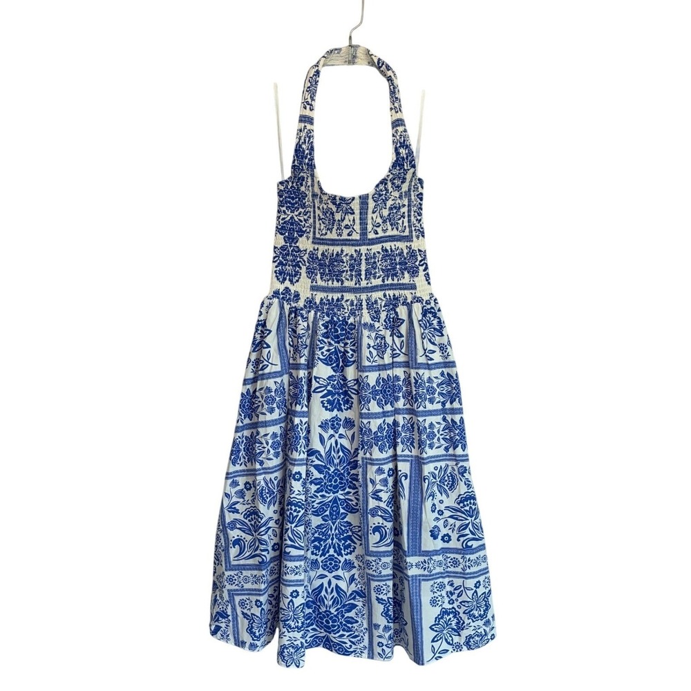 Band of the Free Blue White Floral Tile Smocked Halter Midi Dress Pockets Small